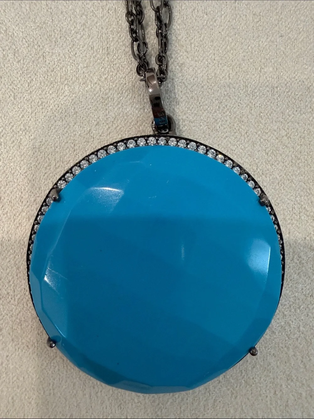 Susan Hanover Turquoise Pendant Necklace with Crystal Halo & 30” double chain